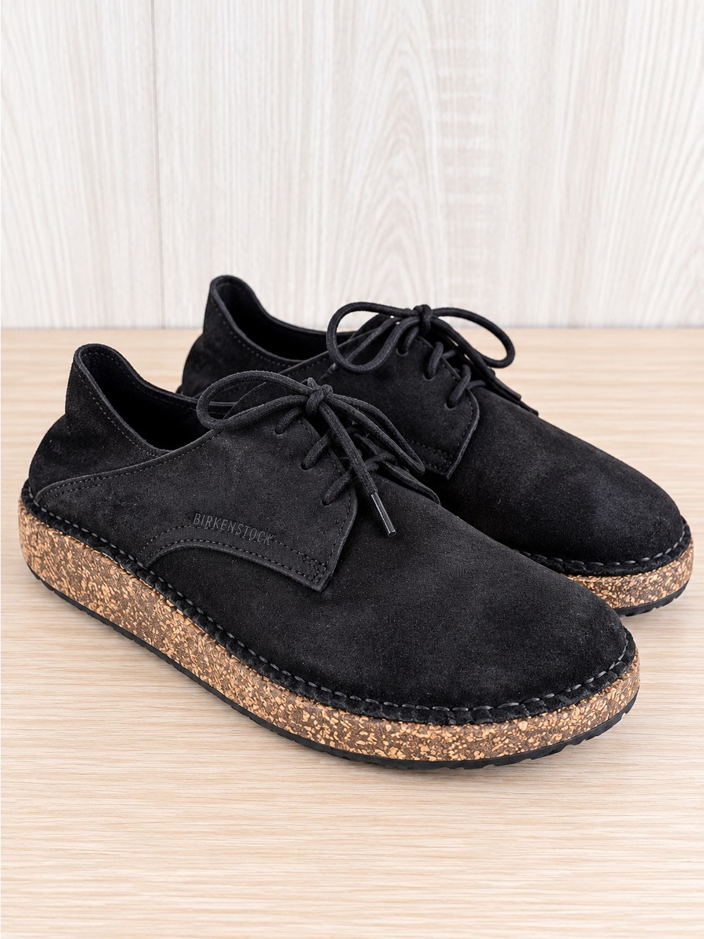 Birkenstock Gary Men’s Black Suede Lace-Up Size EU 42 Wide Cork Sole Portugal